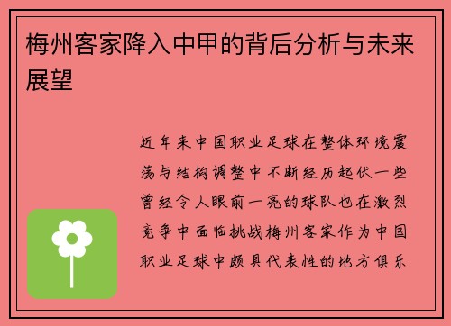 梅州客家降入中甲的背后分析与未来展望